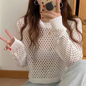 MAKY Mùa Hè Nữ Màu Trơn Tròn Ne Rỗng Ra Dài Tay Dáng Rộng Dệt Kim Top VN