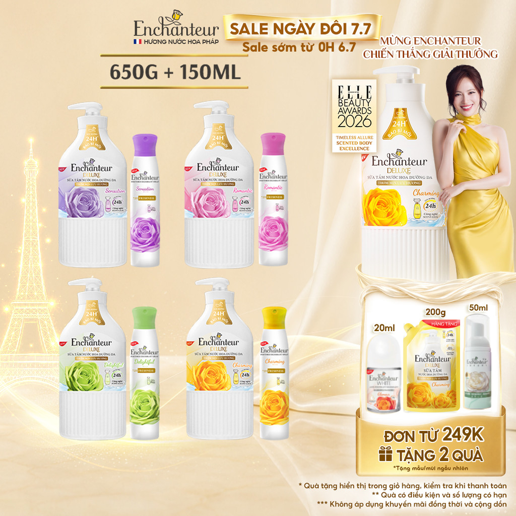 Combo Sữa Tắm Nước Hoa Dưỡng Da Enchanteur 650g + Xịt Khử Mùi Hương Nước Hoa Enchanteur 150ml