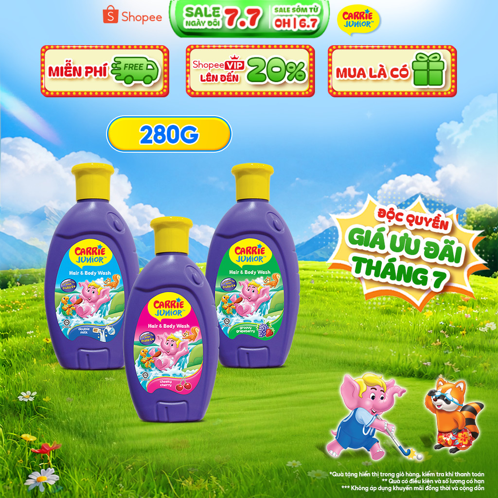Chai Sữa Tắm Gội cho bé Carrie Junior hương trái cây thiên nhiên 280g