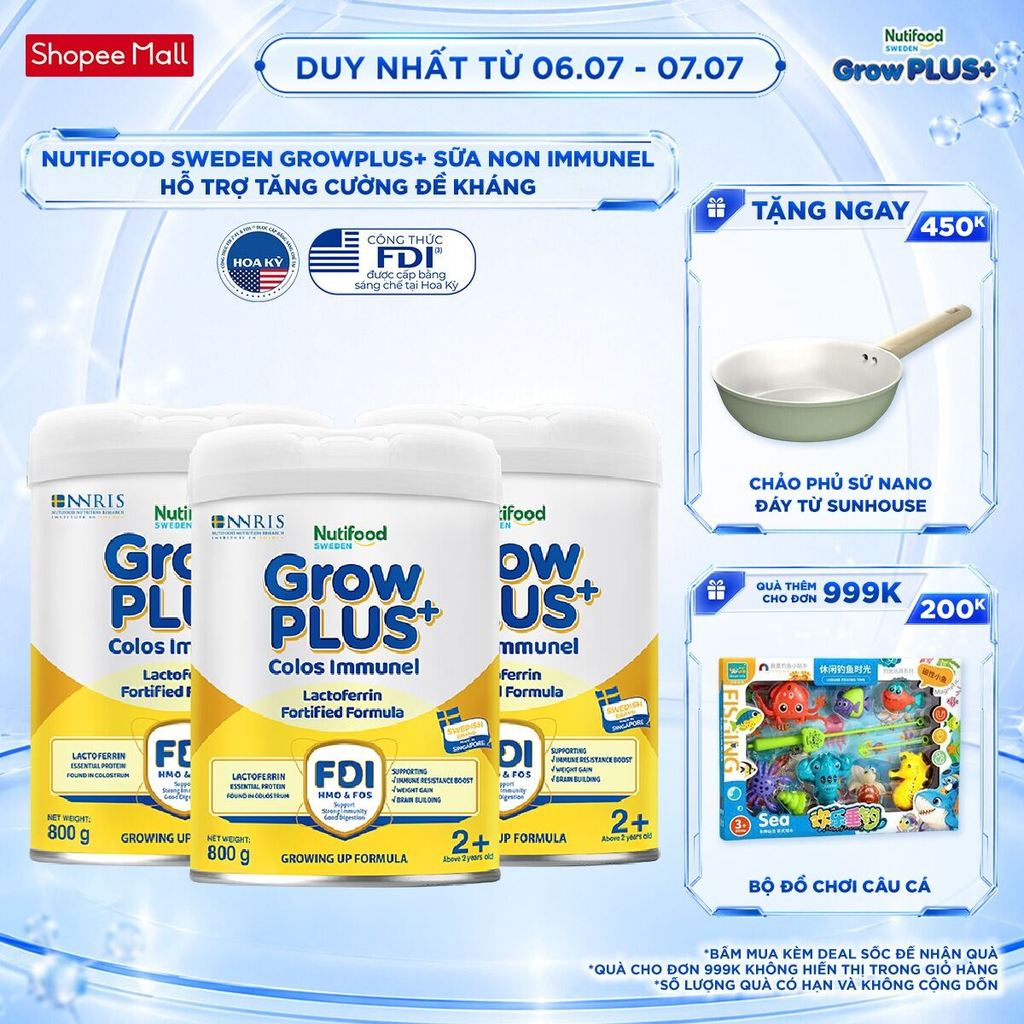 Combo 3 Sữa Bột Nutifood Sweden GrowPLUS+ Sữa Non Immunel trên 2 tuổi lon 800 g (Bao bì tuỳ lô hàng)