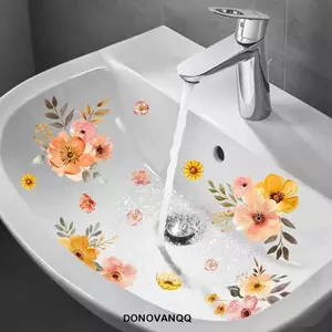 DONOVANQQ Nhãn dán hoa màu nước, Nhãn dán phòng tắm thiết kế hoa tự dính, Nhãn dán gạch men trang trí nhà đẹp Nhà vệ sinh