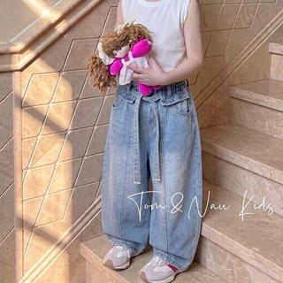 Q49-[tomnaukids] Quần Jean thụng phối bèo kèm đai cho bé gái size từ 9-36Kg