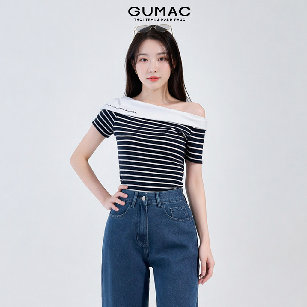 Áo Thun Nữ Lệch Vai GUMAC Thêu Chữ Cơ Bản Chất Thun Cotton Co Giãn LAF0815
