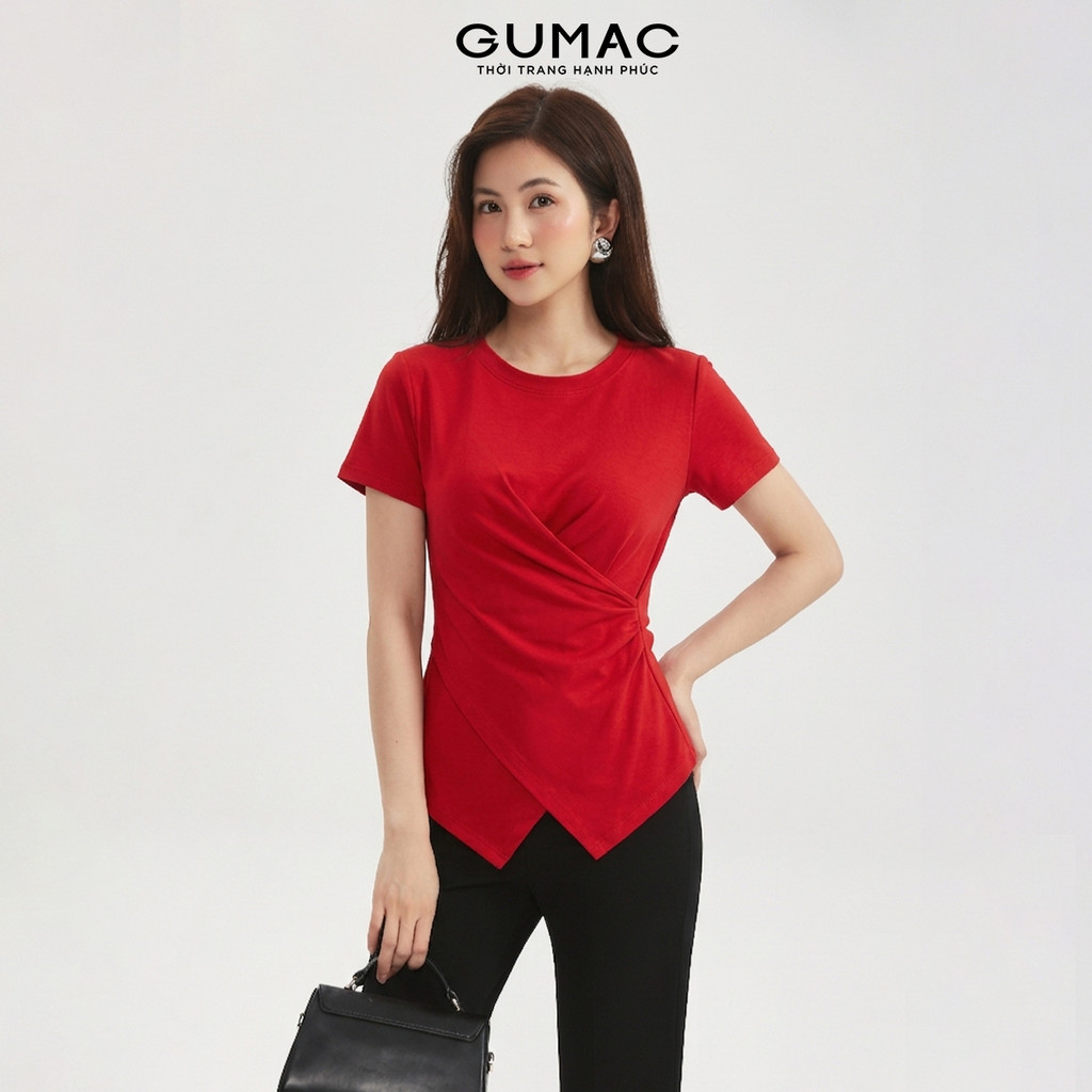 Áo Thun Nữ Cổ Tròn GUMAC Tay Ngắn Kiểu Đắp Vạt Chéo Xoắn Eo Tôn Dáng Chất Liệu Thun Gân Mềm Co Giãn LATF0521
