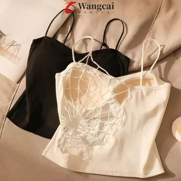 WANGMCAI Spider Web Crop Top, Áo hai dây hở lưng Slim Fit, Cotton sang trọng Phong cách Hàn Quốc với miếng lót áo ngực Áo Vest rỗng Áo dạo phố