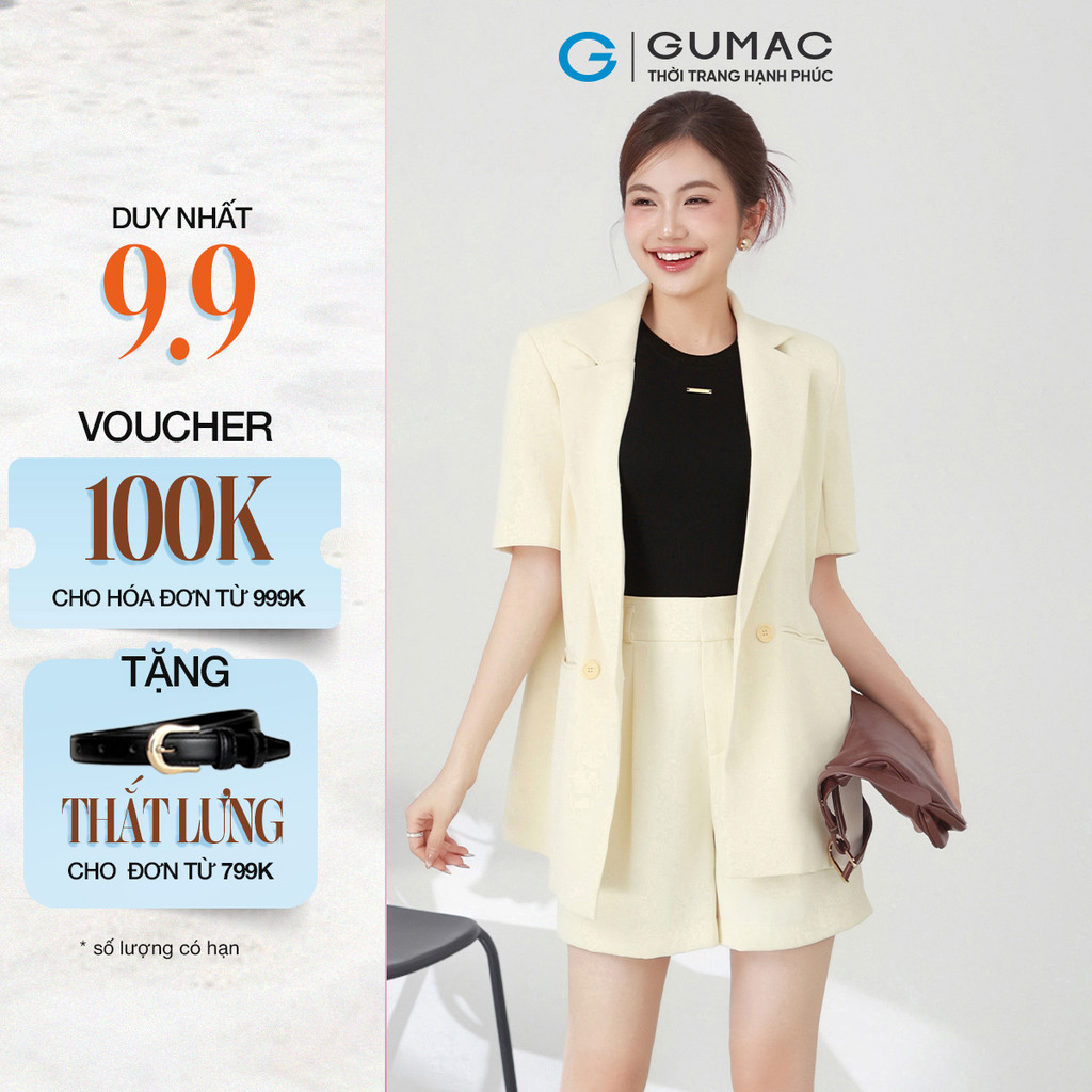 Set Lẻ Áo Khoác Blazer Nữ GUMAC Nút Gỗ Thanh Lịch OWF03028 Phối Quần Shorts Nữ Chiết Ly Thời Trang SHF03037