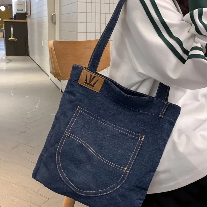 túi tote da túi xách kẹp nách Túi vải denim mùa hè, túi đeo chéo xách tay một bên cùng kiểu dáng cho nam và nữ có dung tích lớn, túi đi lại đi làm mua sắm hàng  – 3