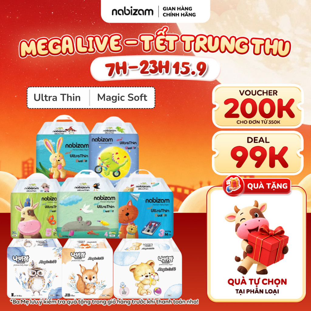 [Quà tự chọn] [2 BỊCH] Tã/Bỉm Nabizam Ultra Thin, Magic Soft Nội Địa Hàn Siêu Mềm Mỏng, Thoáng Khi, Cho Bé Từ 3-25kg