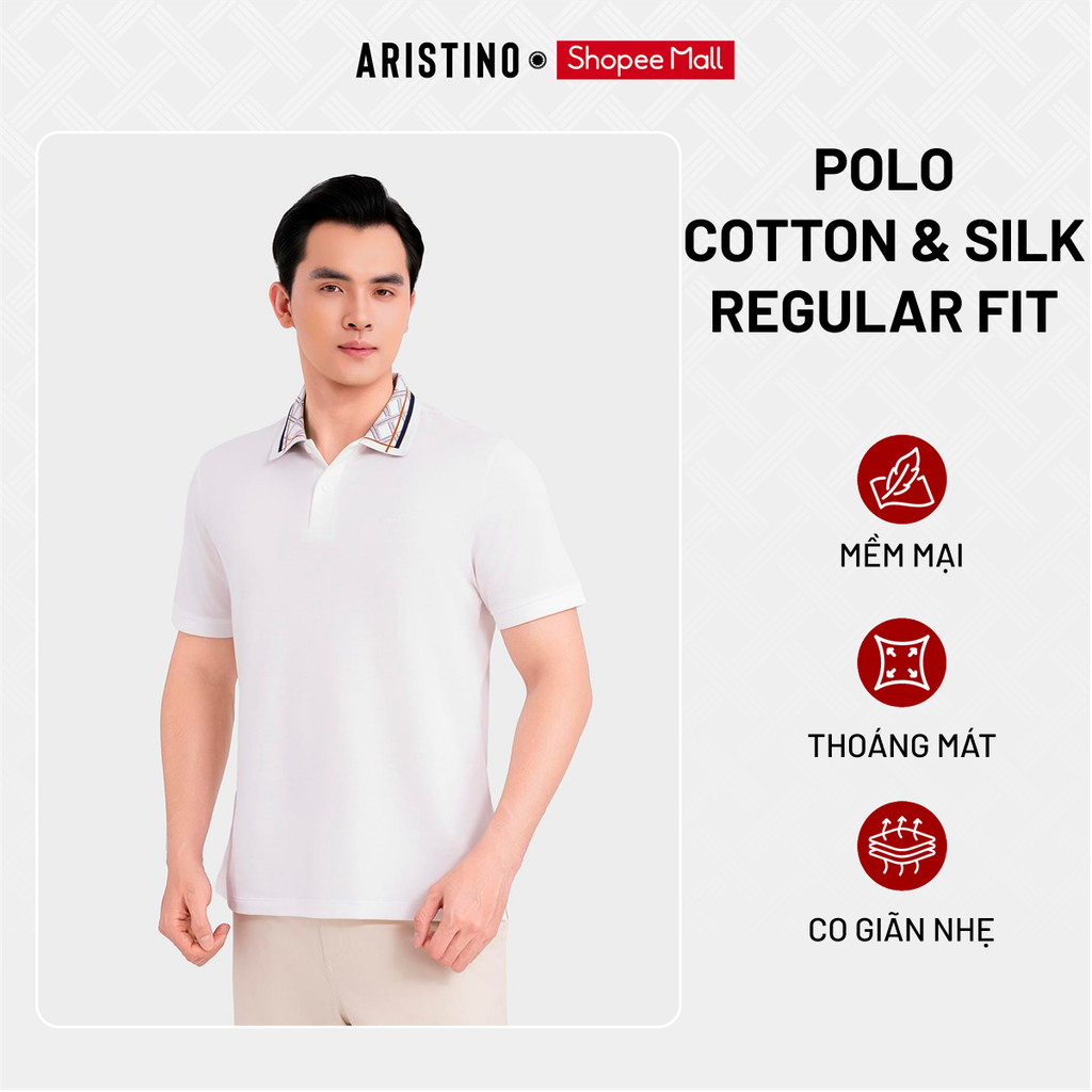 ARISTINO Áo Polo Nam Elite Màu Trắng Cotton Regular Fit Cổ Dệt Jacquard Mềm Mịn Thoáng Khí Lịch Lãm Công Sở APS604EDP01