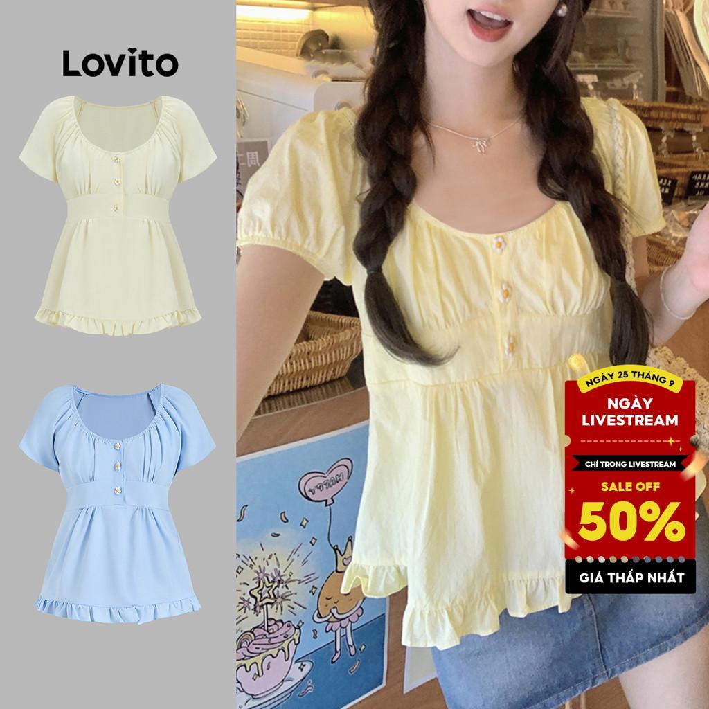 Áo kiểu Lovito Phong cách thường ngày màu trơn xếp ly có nút dễ thương cho nữ L122AD055