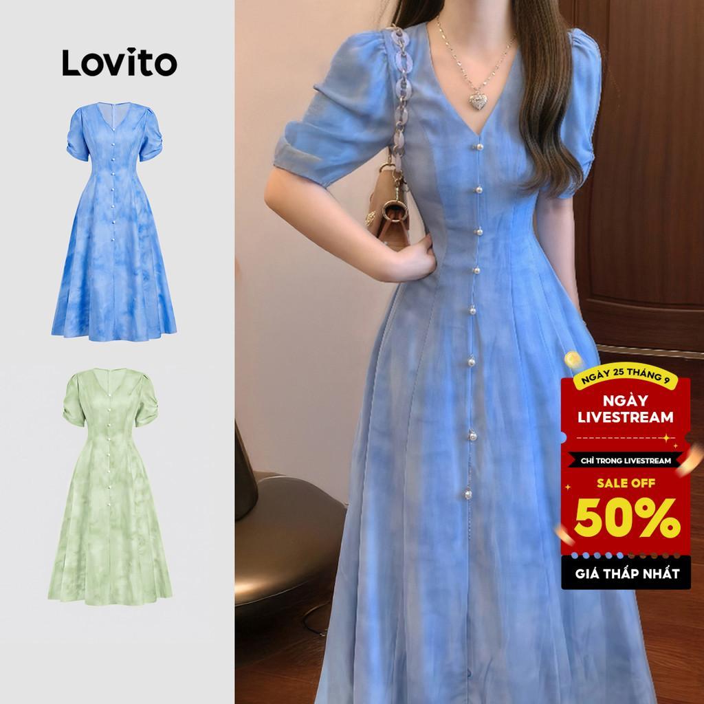 Đầm nữ Lovito thanh lịch xanh dương xuân hè nút phong cách L158AD190
