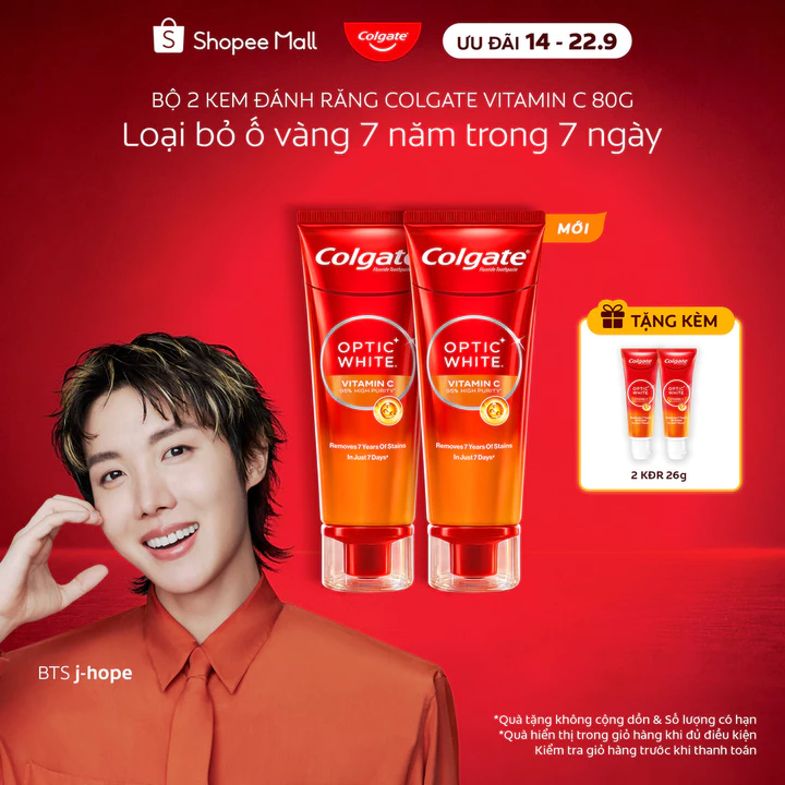 Bộ 2 Kem đánh răng Colgate trắng răng Optic White Vitamin C độ tinh khiết cao, loại bỏ vết ố cứng đầu trong 7 ngày 80g