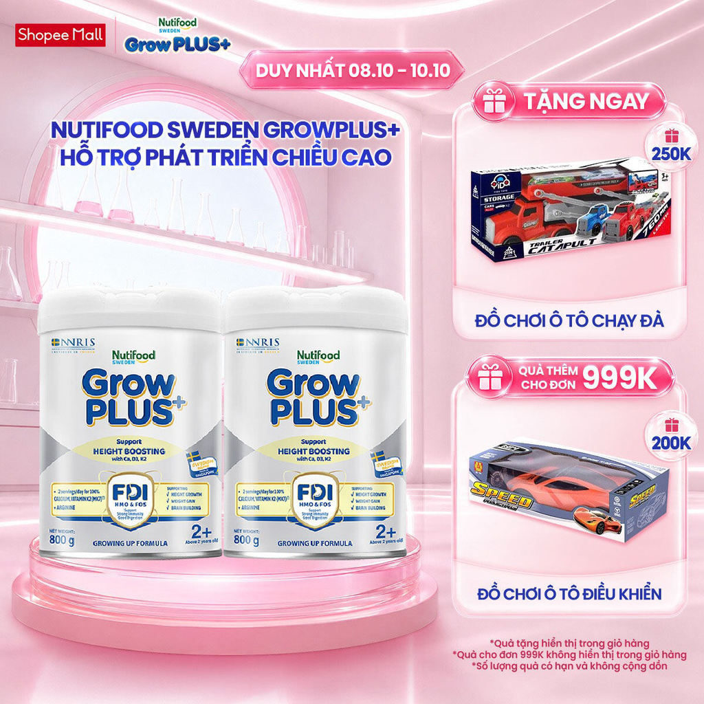 Combo 2 Sữa Bột Nutifood Sweden GrowPLUS+ Cao lớn vượt trội trên 2 tuổi (Bạc) 800g