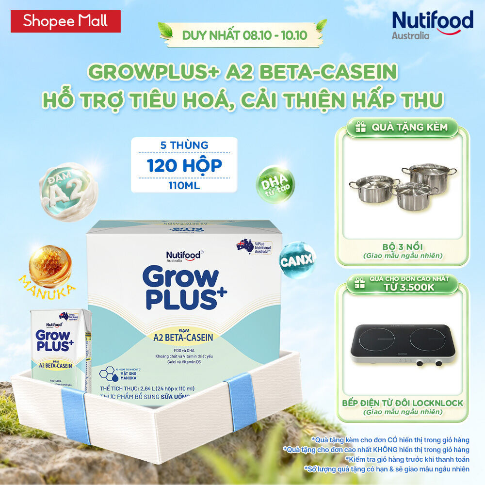 Combo 5 sữa bột pha sẵn GrowPLUS+ Đạm A2 Beta-Casein Hộp 110ml hỗ trợ tiêu hóa, hấp thu dưỡng chất