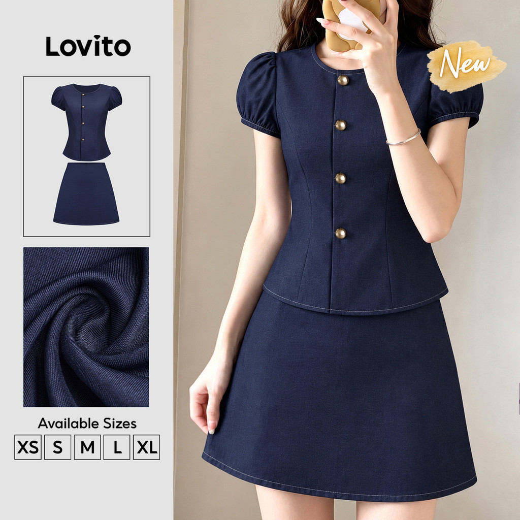 (New Arrival) Lovito Áo hoặc quần bộ đồ nữ màu Xanh dương đậm Phong cách thường ngày cài nút mặt trước bất đối xứng dành Cho mùa xuân hè và cuối tuần KSK10P1D649