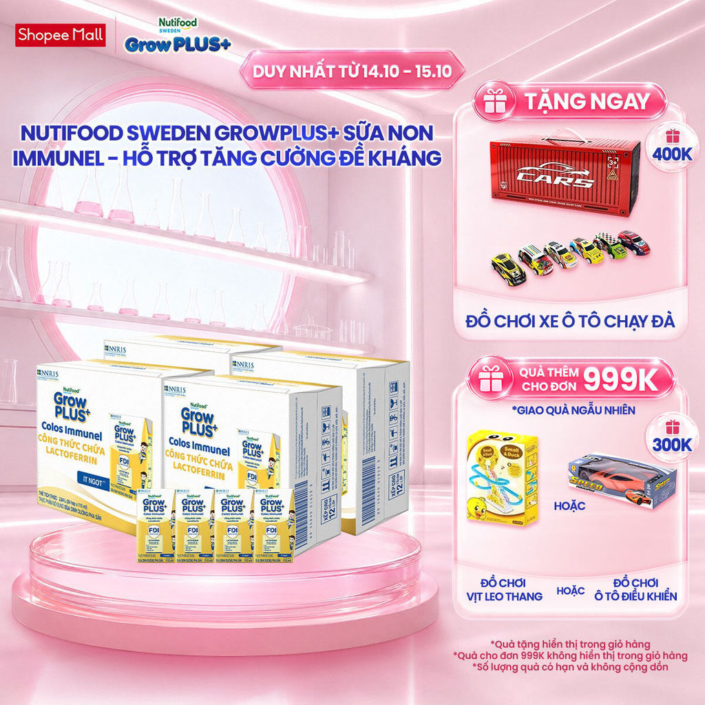Combo 4 Thùng 24 hộp Sữa Bột Pha Sẵn Nutifood Sweden GrowPLUS+ Sữa Non Immunel hộp 110 ml (Bao bì tuỳ lô hàng)