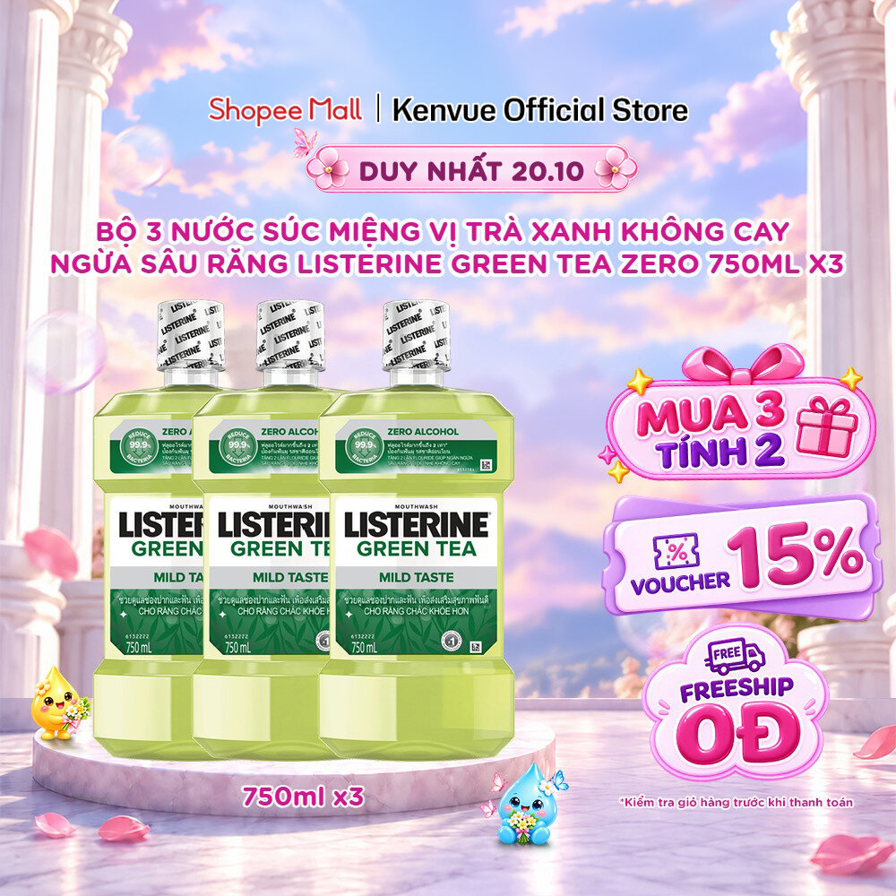 [MUA 3 TÍNH TIỀN 2] Combo 3 Nước Súc Miệng Ngừa Sâu Răng Vị Trà Xanh Không Cay Listerine Green Tea Zero 750mlx3