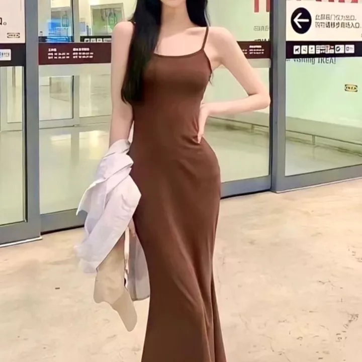 H901 Đầm Body 2 Dây Dáng Dài Đuôi Cá Váy Body Nữ Len Gân Tăm Mềm Mịn Mát Tôn Dáng Sexy Size Dưới 53kg