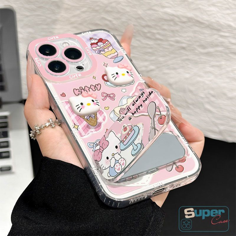 Ốp Lưng Cho Realme C61 C53 C55 C63 C67 C51 C75 C25Y Note 50 60 C21 C25 5S 11 6i 5 9i 5i C2 C3 C15 C65 12 Thời Trang Dễ Thương 3D Hello Kitty Kem Món Tráng Miệng Gương Giá Đỡ Mềm