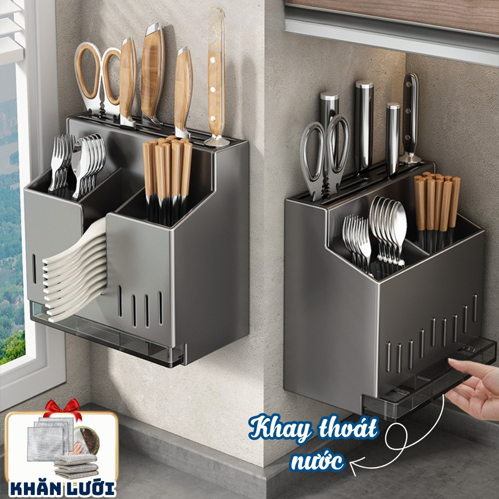 (MỚI) Giá Để Đồ Nhà Bếp Treo Tường Đa Năng Không Cần Đục Lỗ DINO, Giá Để Đũa Dao Kèm Khay Thoát Nước