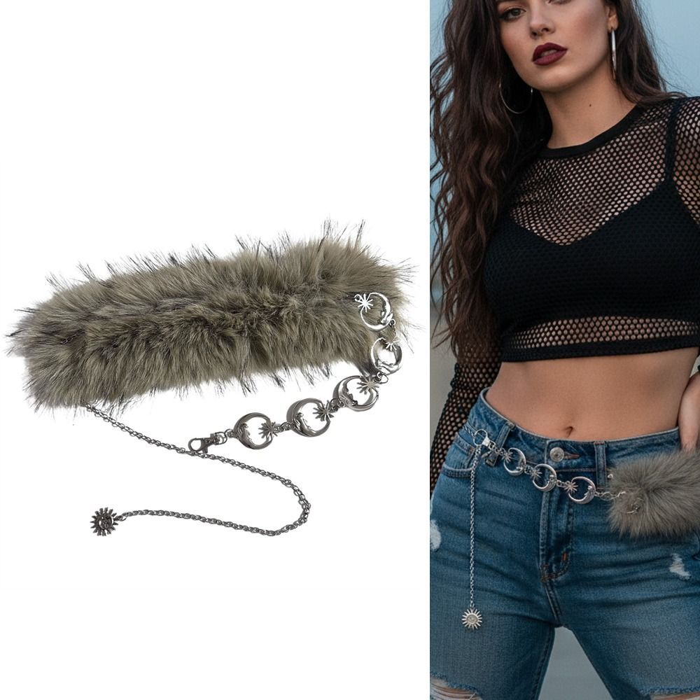 ESSENCEH Moon Star Dây chuyền kim loại thắt lưng lông giả cô gái cay, Vintage Punk Y2K Thiết kế hợp thời trang sang trọng Thời trang nữ