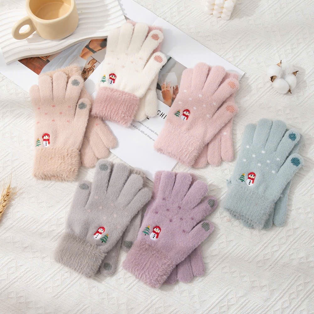 Găng tay len lông cừu mềm mại họa tiết thêu người tuyết cây thông Noel viền cổ tay