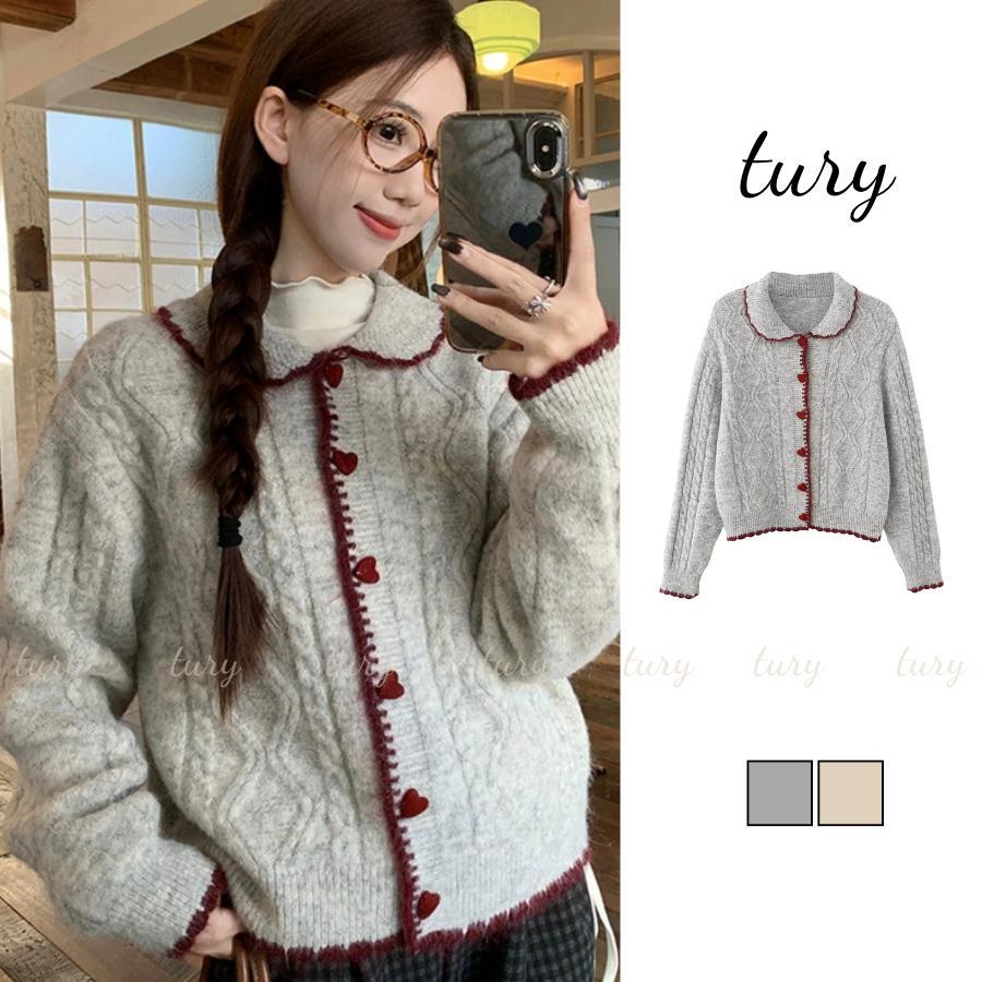 Áo Len Nữ - Tury - Áo cardigan len nữ cổ bẻ viền đỏ nút trái tim dễ thương - TA088