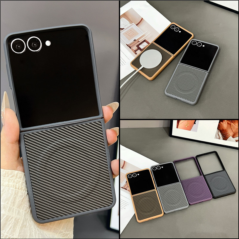 Dành Cho Samsung Galaxy Z Flip 7 7FE Z Flip 6 Z Flip 5 Z Flip 4 Z Flip 3 5G Kết Cấu Sợi Carbon Sạc Không Dây Từ Tính Ốp Lưng Mềm Chống Sốc