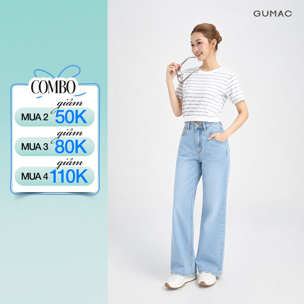 Quần Jeans Suông Nữ Gmorning - GUMAC Dài 95cm Denim Thêu Gmor Xanh Nhạt Tôn Dáng YQJE10080