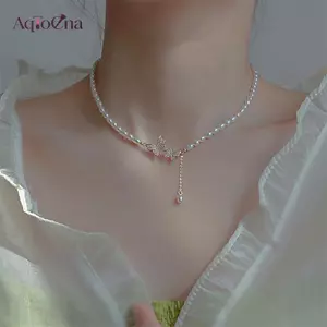 AqToCna Thanh Lịch Sáng Bóng Zircon Bướm Ngọc Trai Mặt Dây Chuyền Choker Nelace Cho Bé Gái Nữ Nữ Có Thể Điều Chỉnh Mới Trang Sức Thời Trang AqToCna