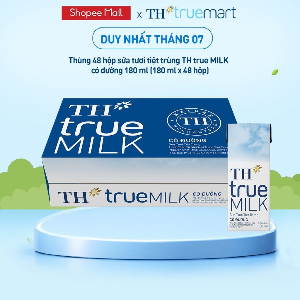 Thùng 48 hộp sữa tươi tiệt trùng TH true MILK có đường 180 ml (180 ml x 48)