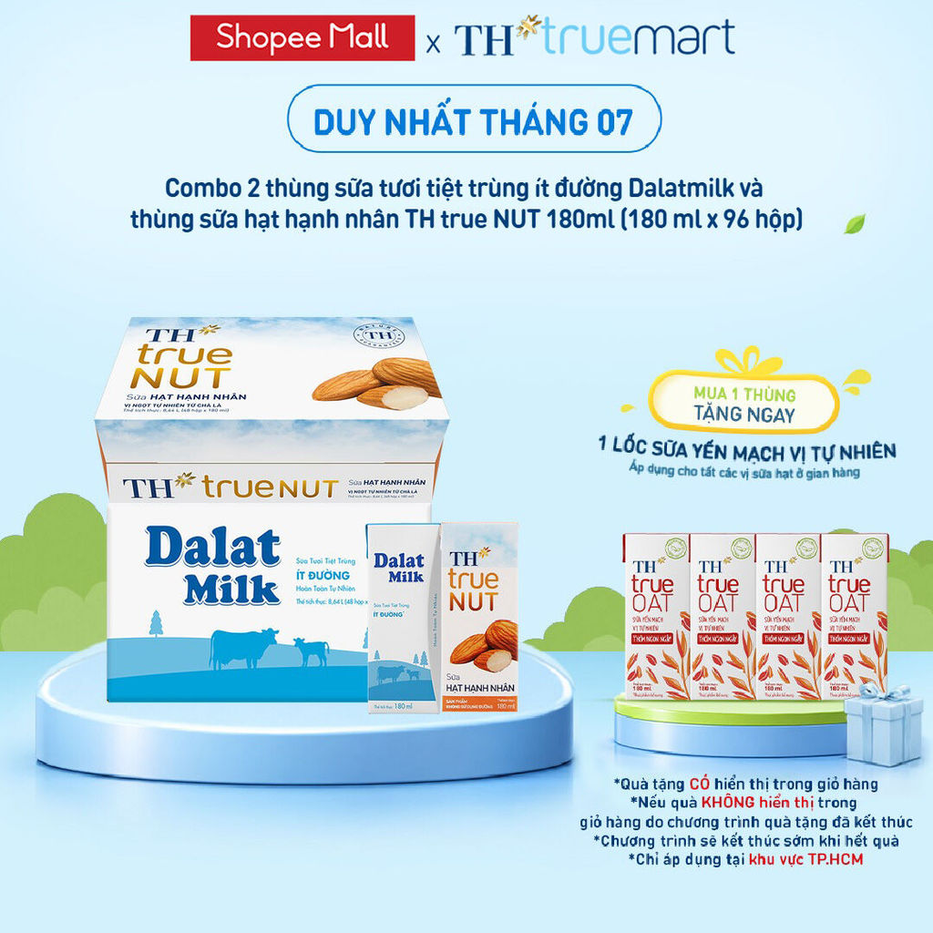 Combo 1 Thùng sữa tươi tiệt trùng ít đường Dalatmilk và 1 Thùng sữa hạt hạnh nhân TH true Nut 180ml x 96 hộp