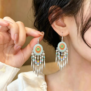 Bohemian Miao Bạc Retro Phong Cách Dân Tộc Cao Cấp Du Lịch Kỳ Nghỉ Phù Hợp Với Miao Bạc Tua Rua Bông Tai Nữ