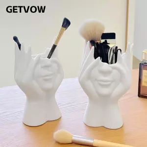 Hộp đựng cọ trang điểm GETVOW, Hộp đựng bút phong cách hiện đại mặt người trừu tượng, Trang trí điêu khắc mặt thủ công đa chức năng Trang trí nhà cửa