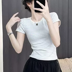 Áo thun ngắn tay vai trước sọc nhỏ mùa hè đi lại phong cách phương Tây Slim-Fit Slimm