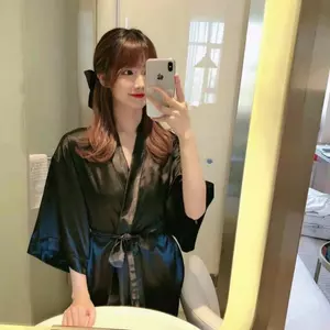 Mùa xuân thu phong cách Hàn Quốc Ice Silk Loose Size lớn Váy ngủ mỏng Phong cách nhẹ nhàng Sang trọng Pure Desire Vỏ gợi cảm Thịt dài Áo choàng tắm gia đình Đồ mặc nhà dành cho nữ