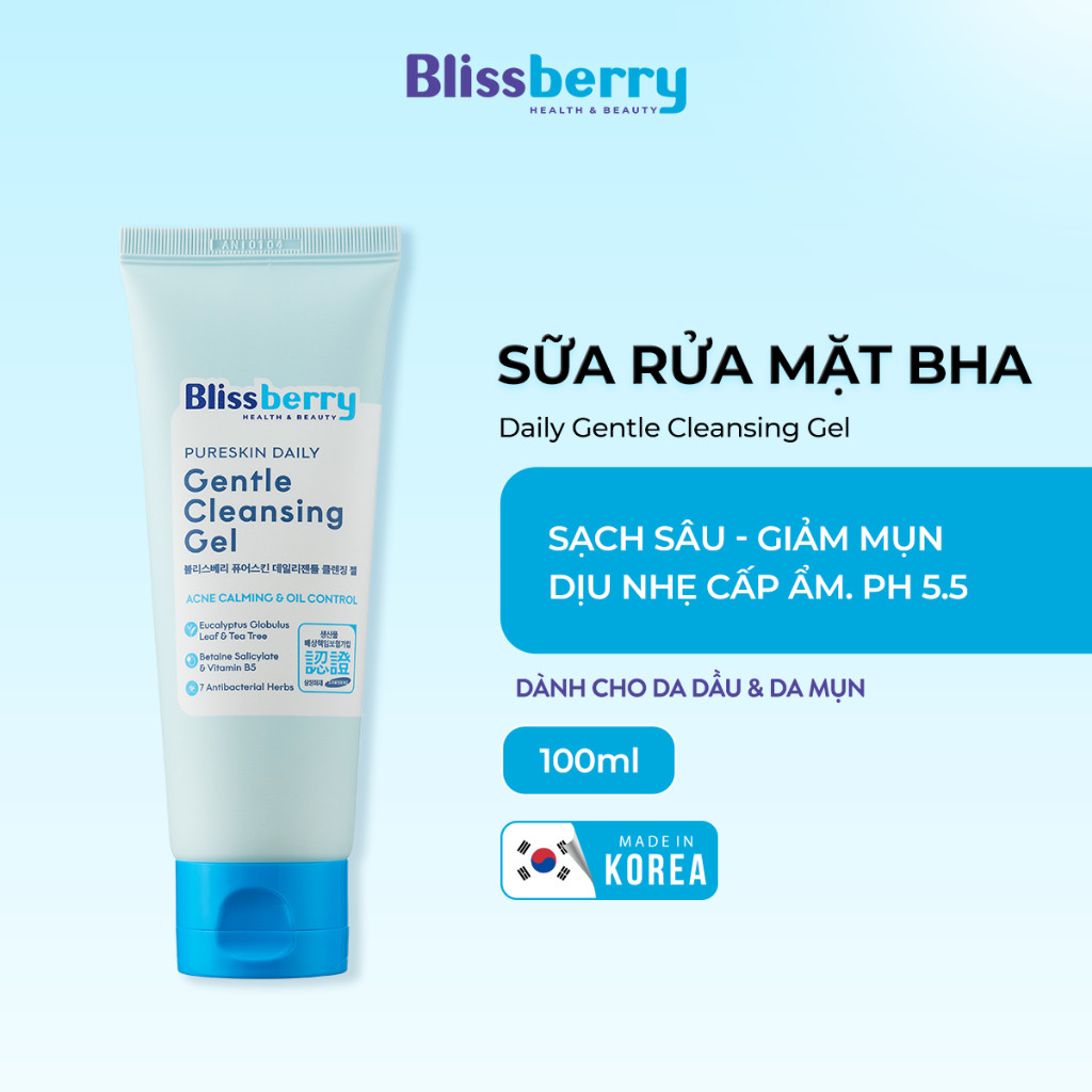 [DA DẦU MỤN] Sữa Rửa Mặt BHA PH 5.5 Dịu Nhẹ Giảm Mụn+ B5 Duy Trì Độ Ẩm Blissberry Daily Gentle Cleansing Gel 100ml