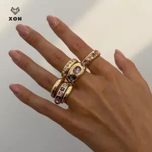 6 Chiếc Nhẫn Mở Đầu Zircon Tím Có Thể Điều Chỉnh Nữ Nhẫn Màu Vàng Mịn Cho Nữ Phụ Kiện Trang Sức Hàng Ngày Quà Tặng [Mina]