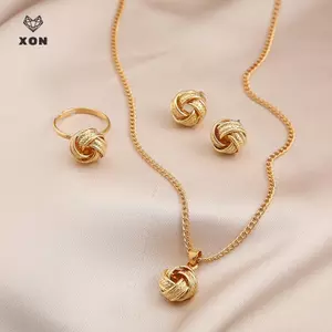 3 Cái / bộ Trang sức hình quả bóng màu vàng Hợp thời trang Twist Luy Knot Nhẫn có thể điều chỉnh Bông tai Nelace cho phụ nữ Quà tặng đám cưới dự tiệc [Mina]