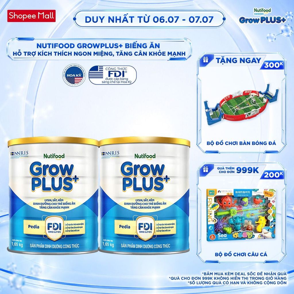 Combo 2 Sữa Bột Nutifood GrowPLUS+ Biếng Ăn (Xanh) 1+ - Tăng Cân Khỏe Mạnh (2 Lon 1,65 Kg)