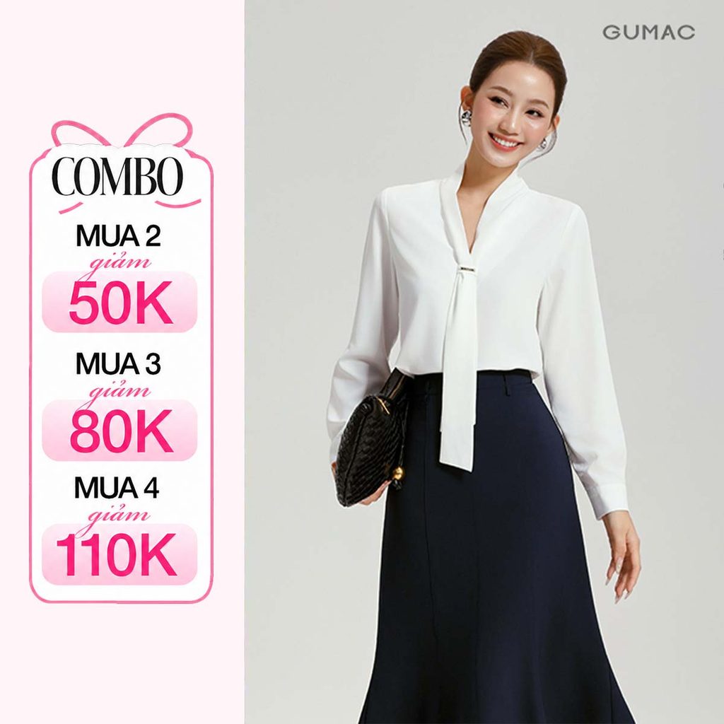 Áo Kiểu Nữ Tay Dài GUMAC Form Suông Cổ V Kèm Dây Nơ Có Tag Logo Trang Trí Chất Lụa Xẹc Mềm Thoải Mái AG04063