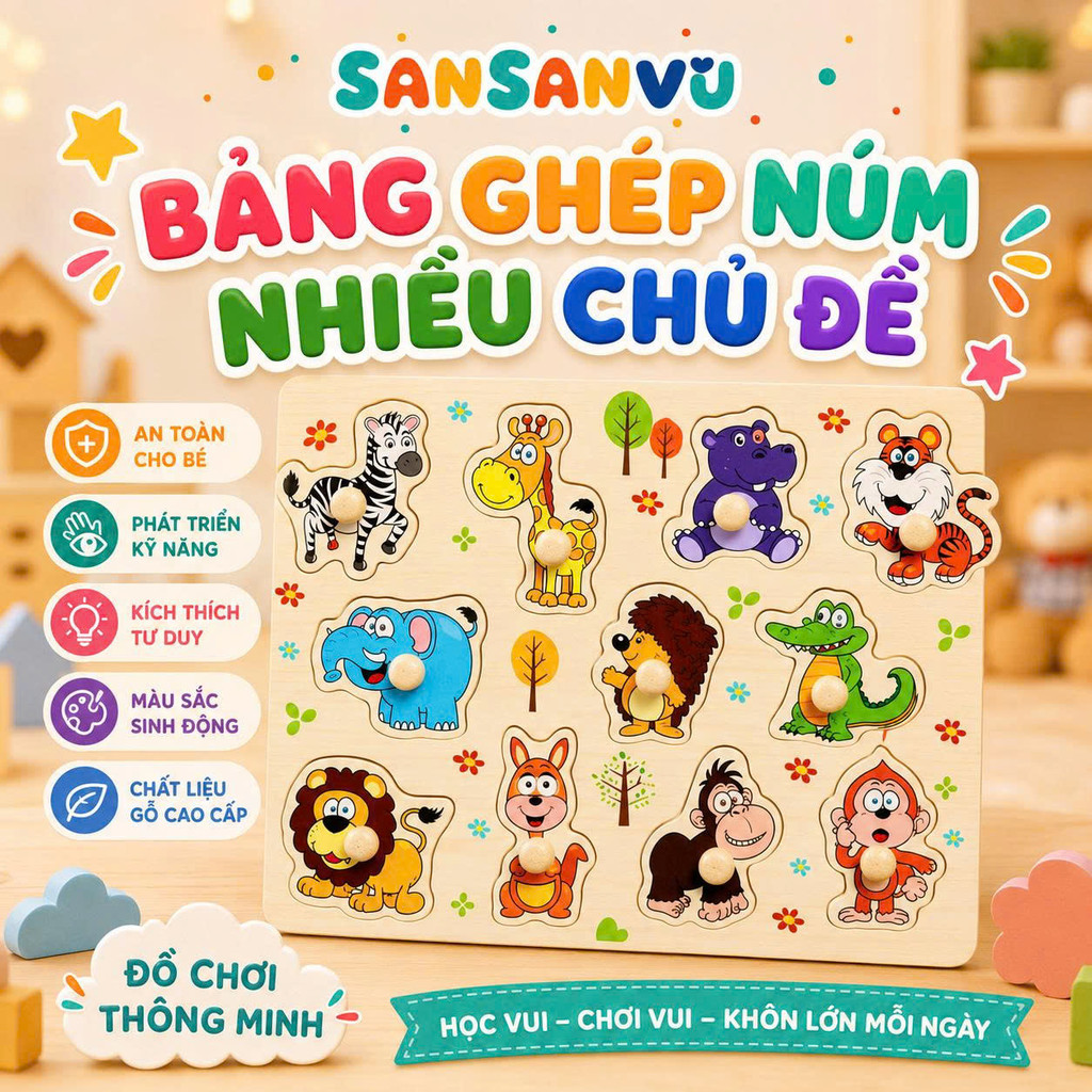 [Loại 1 GỖ DÀY] Đồ chơi bảng ghép hình núm gỗ Bảng gỗ có núm, tranh núm cho bé nhiều chủ đề