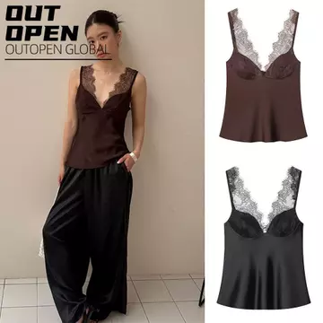 Áo ba lỗ nữ OUTOPEN, Áo hai dây ren Satin cổ chữ V, Áo hai dây gợi cảm kiểu Pháp cổ điển màu trơn dành cho nữ