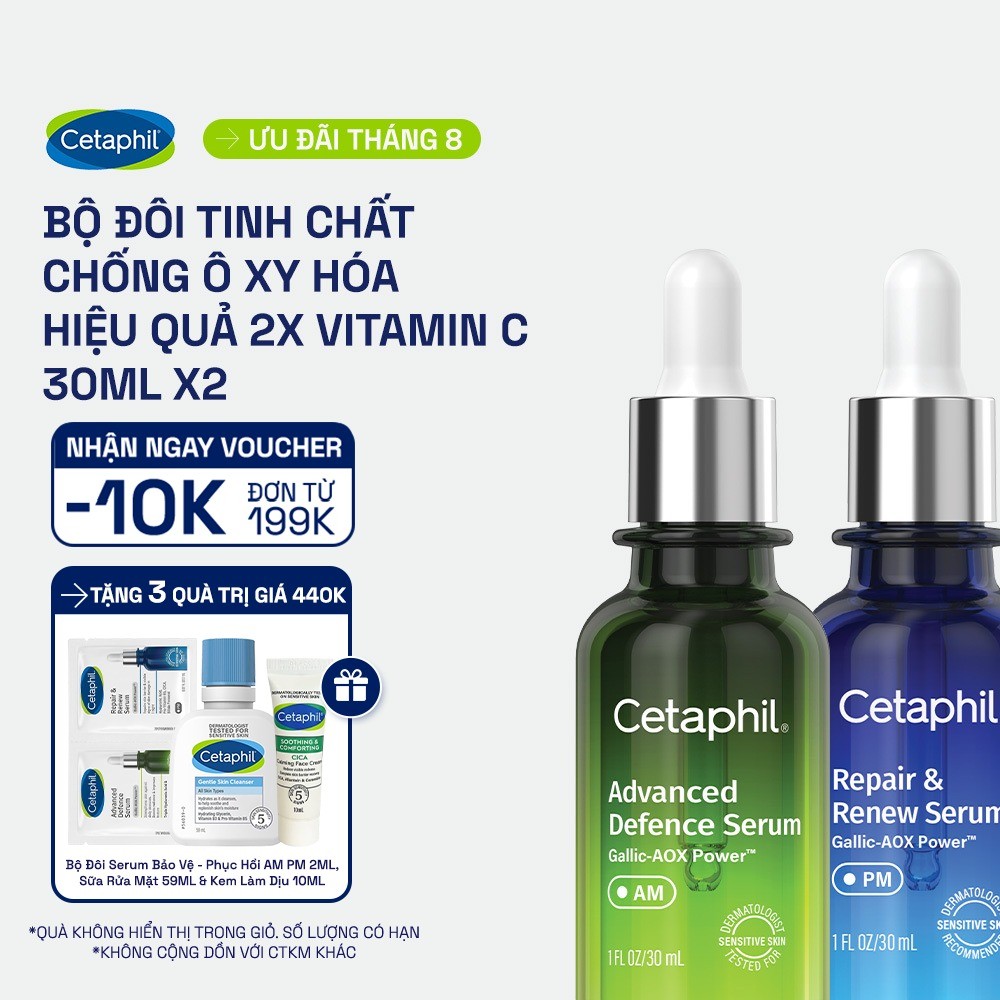 Combo 2 Serum Tinh chất bảo vệ dưỡng da Cetaphil Advanced Defence 30ml và Serum dưỡng da chuyên sâu Cetaphil Repair 30ml