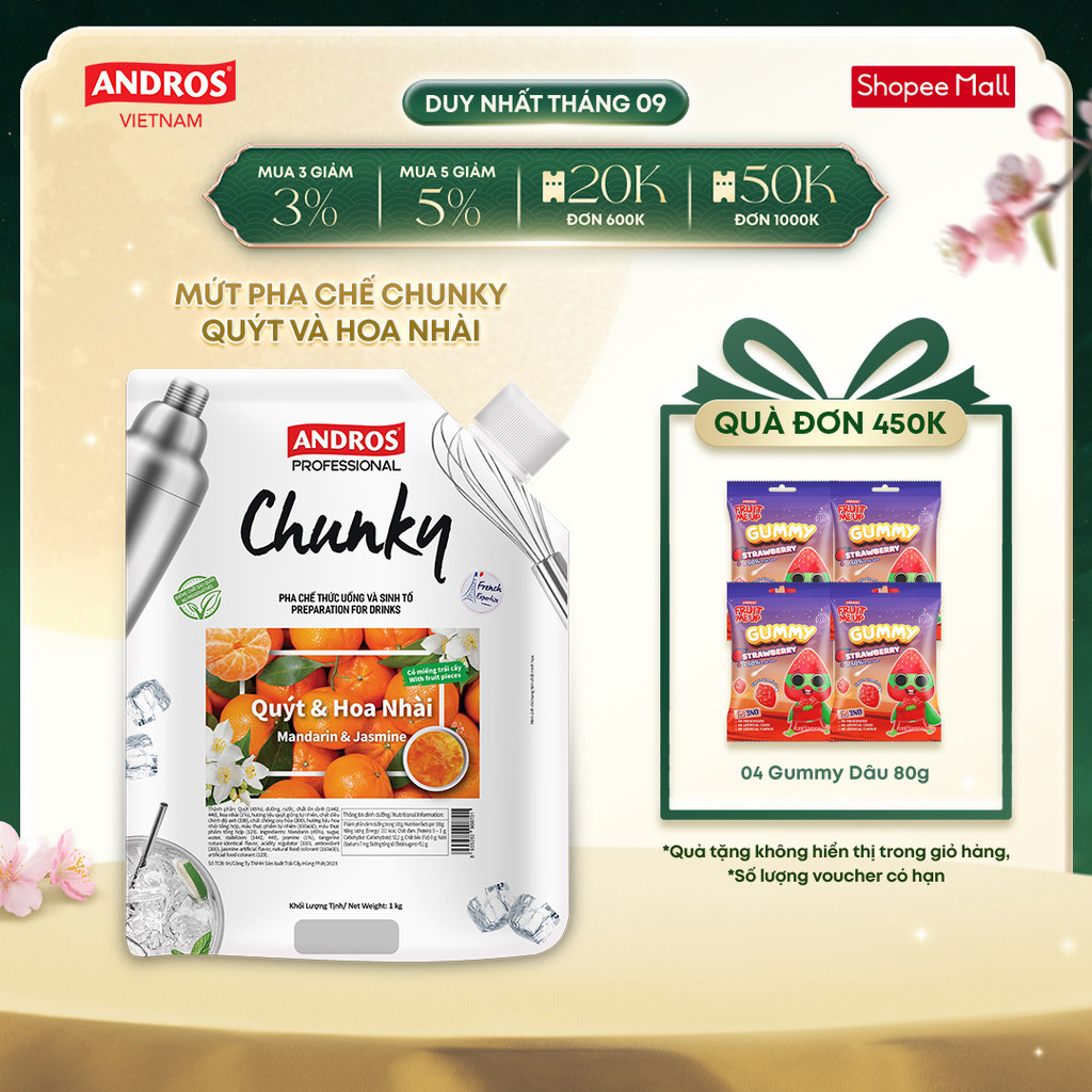 Mứt Trái Cây Pha Chế Quýt & Hoa Nhài – Có miếng trái cây thật – Nguyên liệu pha chế – ANDROS CHUNKY – 1kg
