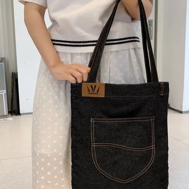 túi tote da túi xách kẹp nách Túi vải denim mùa hè, túi đeo chéo xách tay một bên cùng kiểu dáng cho nam và nữ có dung tích lớn, túi đi lại đi làm mua sắm hàng  – 5