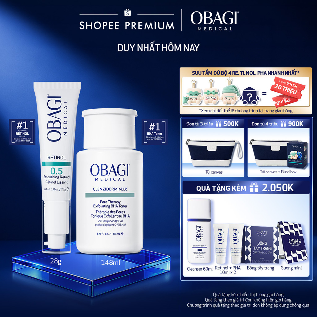 Bộ đôi dưỡng da Dung dịch Obagi Clenziderm M.D BHA Toner 148ml và Kem Dưỡng Đêm Obagi Retinol 0.5 (28g)