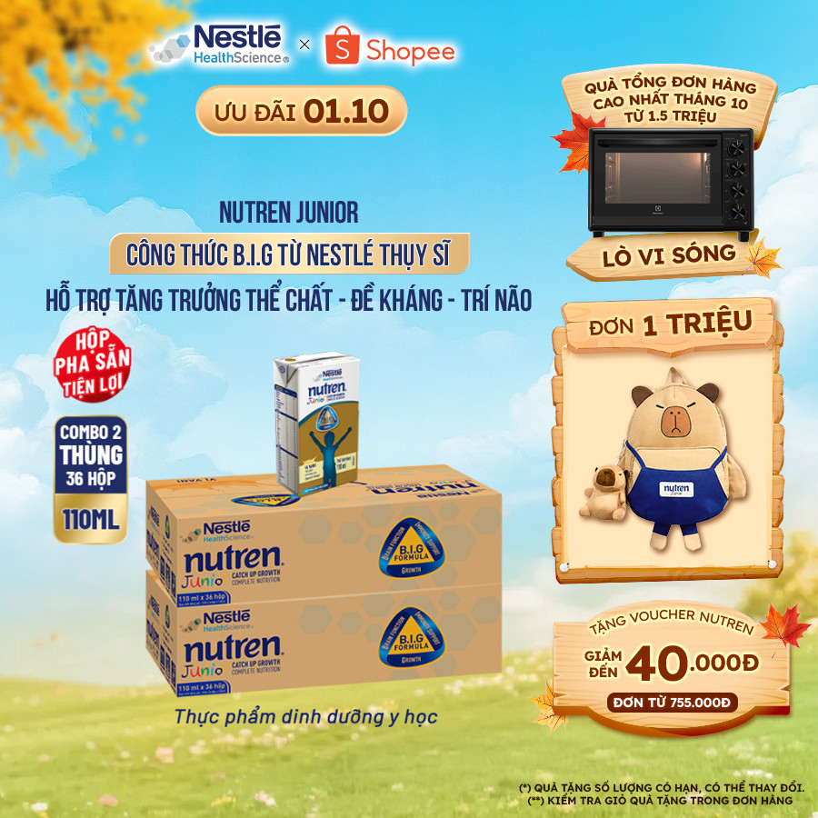 Bộ 2 Thùng 36 Hộp Sữa Pha Sẵn NESTLÉ NUTREN JUNIOR Thụy Sĩ Công Thức BIG Tăng Trưởng 110ML