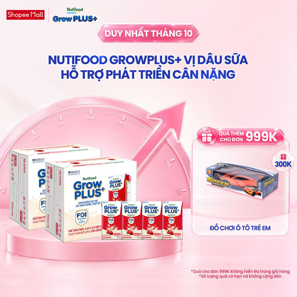 Combo 2 Thùng 24 hộp Sữa bột pha sẵn Nutifood GrowPLUS+ Vị Dâu Sữa hộp 110ml - Trên 1 tuổi