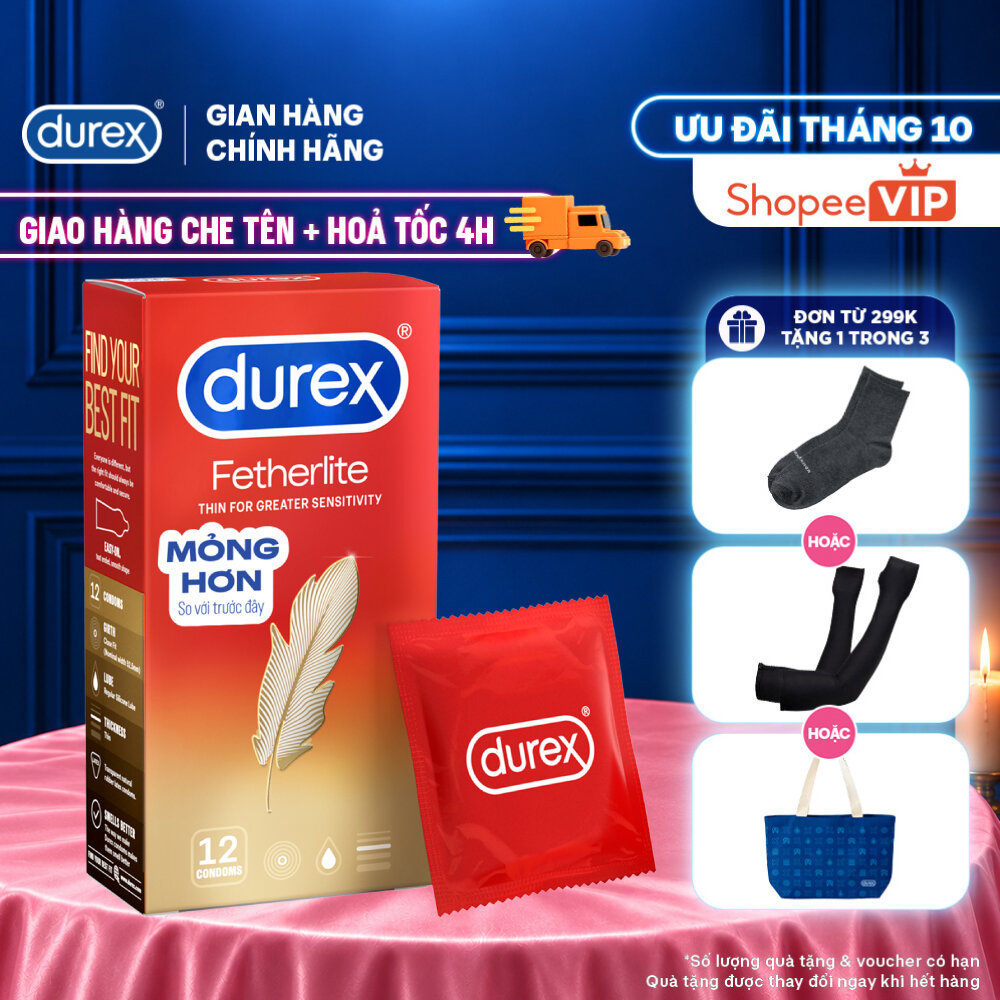 [HỎA TỐC 4H] Bao cao su Durex Fetherlite siêu mỏng, size 52.5mm, 12 bao/hộp